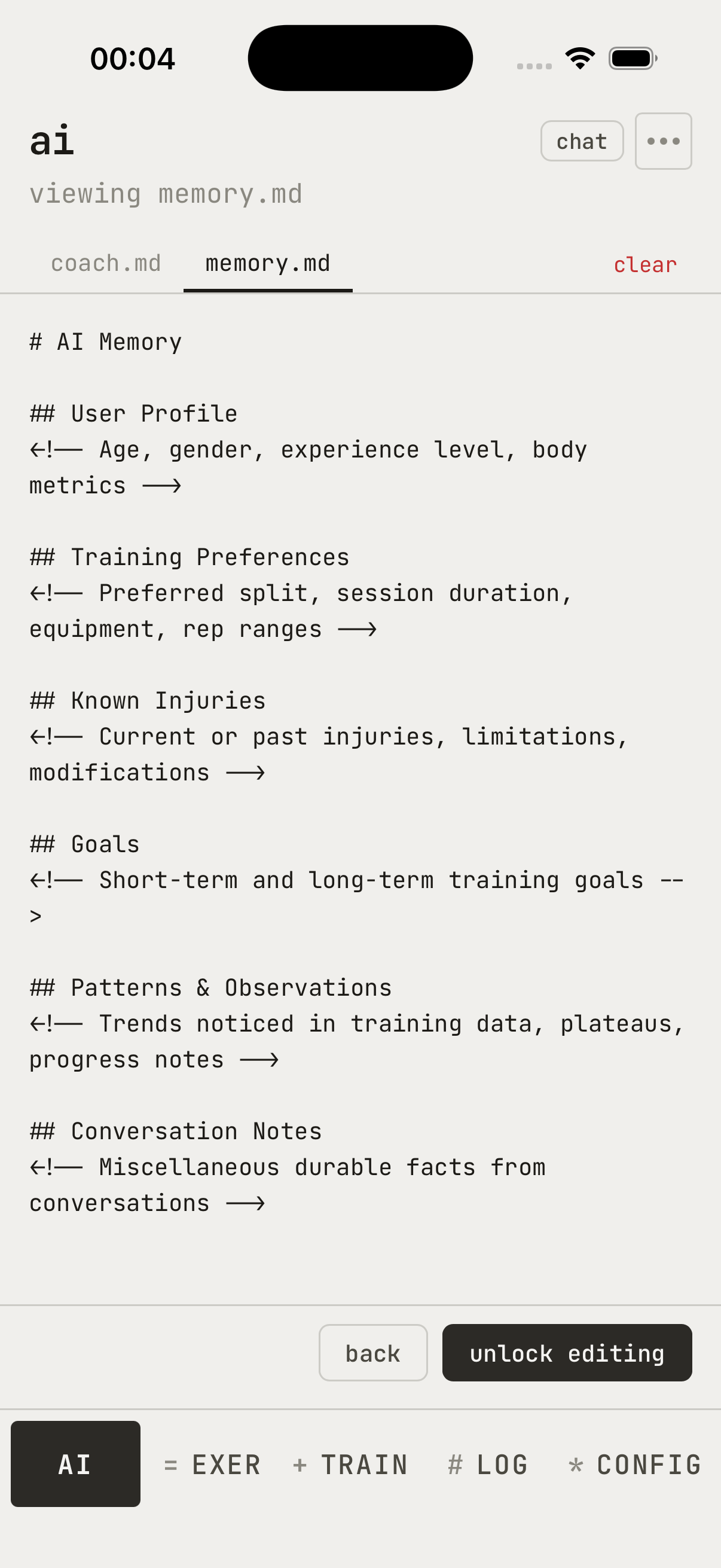 AI 记忆文件，显示用户资料、偏好和目标