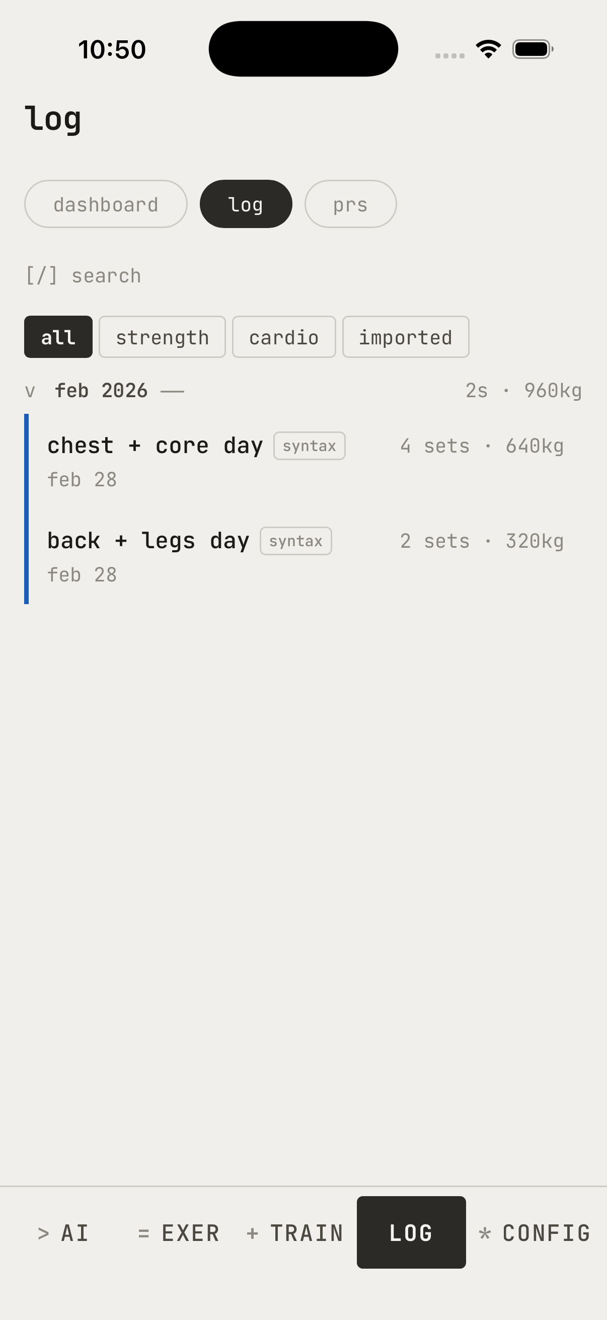 Workout history log