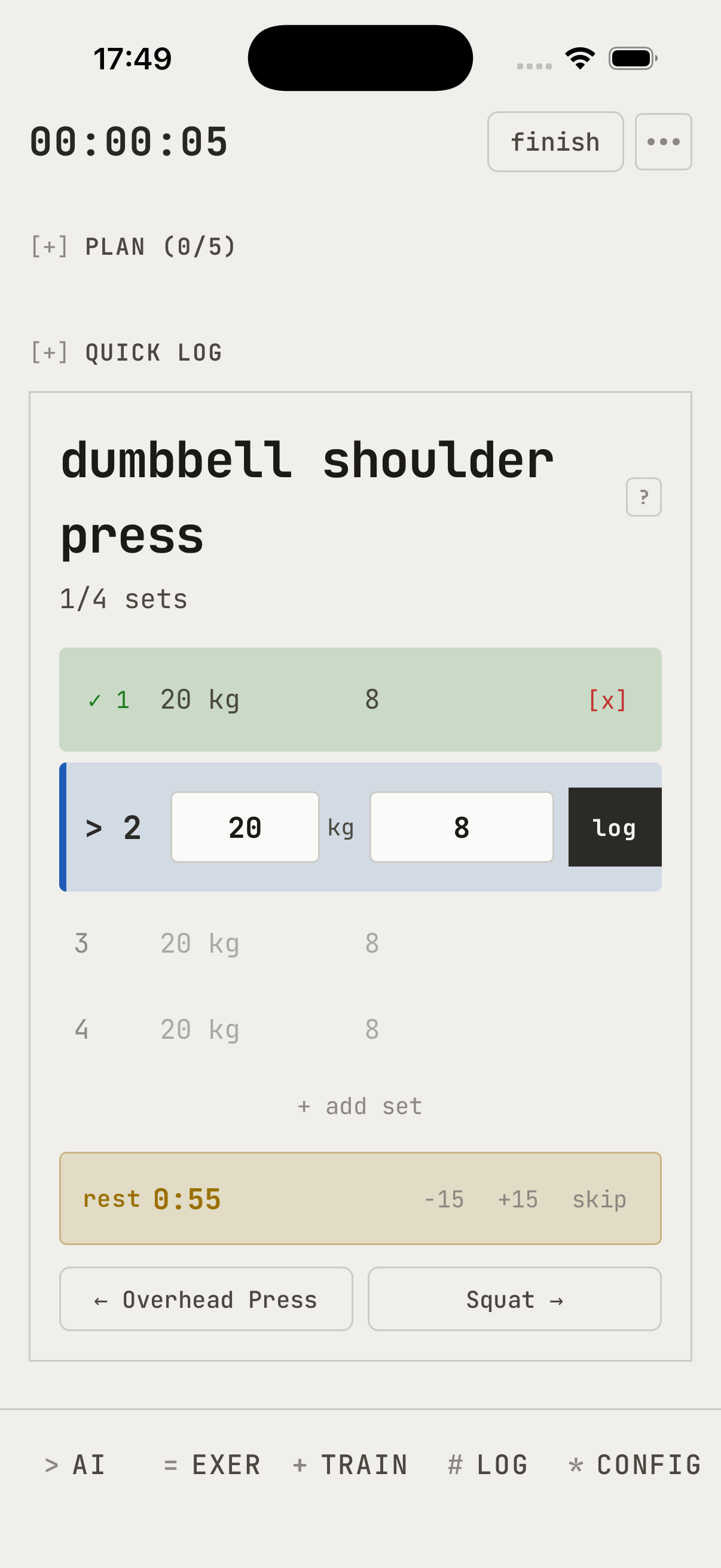 Syntax workout session with rest timer